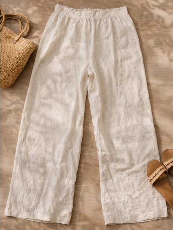 Saks Fifth Avenue Pants - Saks Fifth Avenue Linen Pants L Elastic Waist Wide Leg Ivory